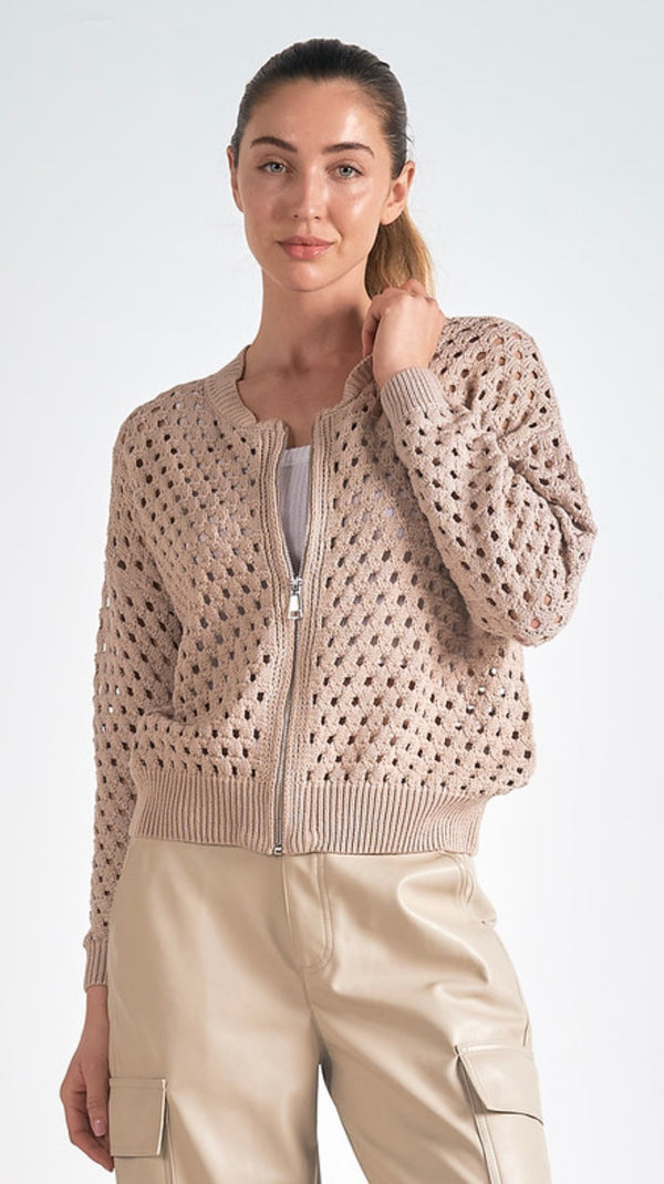 Elan Stone Zip Up Open Weave Bomber Jacket