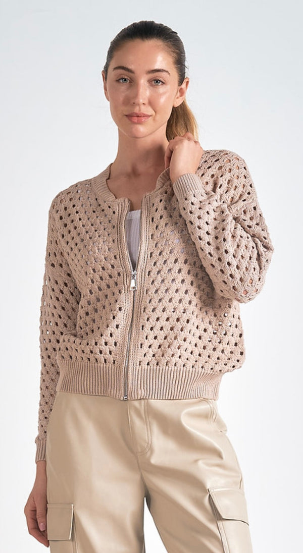 Elan Stone Zip Up Open Weave Bomber Jacket