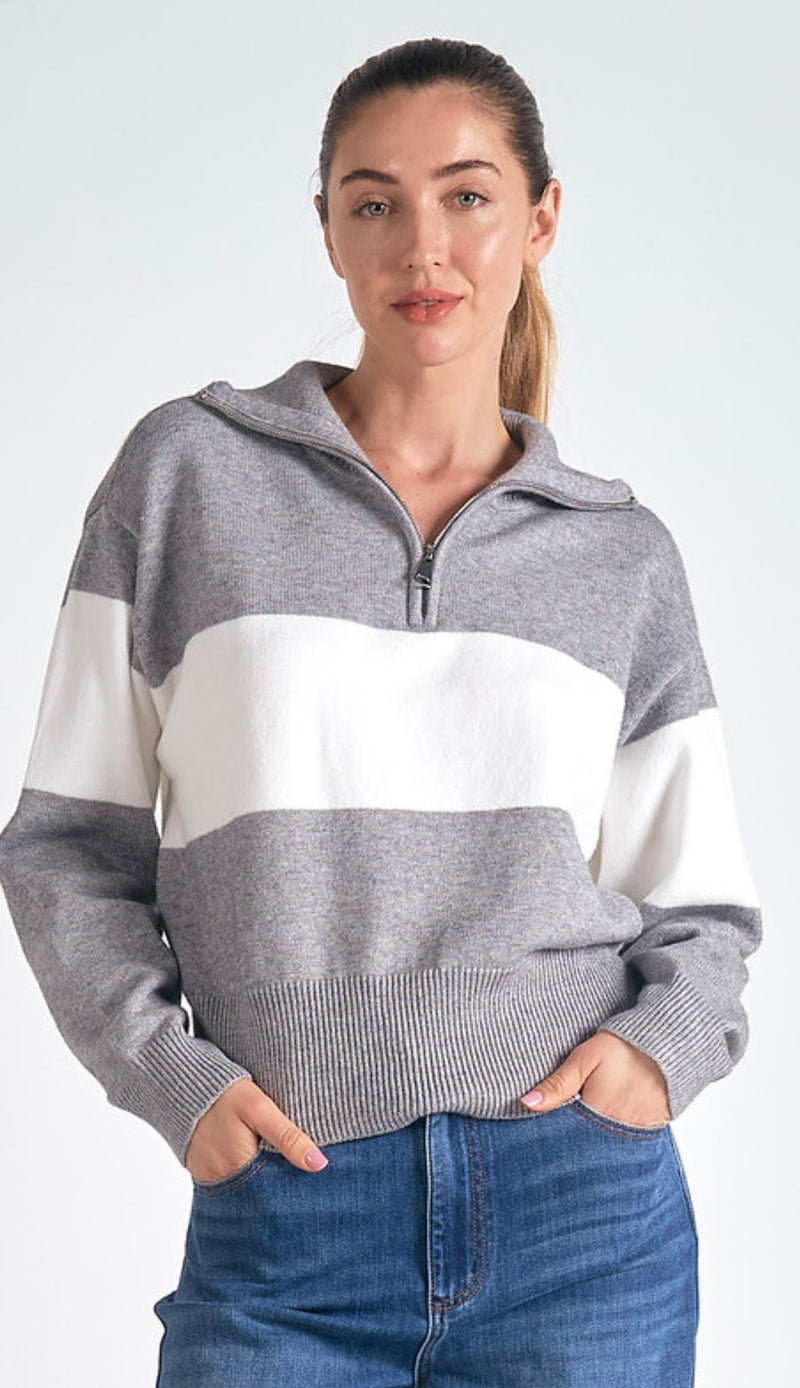 Elan Grey White Wide Stripe 1/4 Zip Long Sleeve Sweater