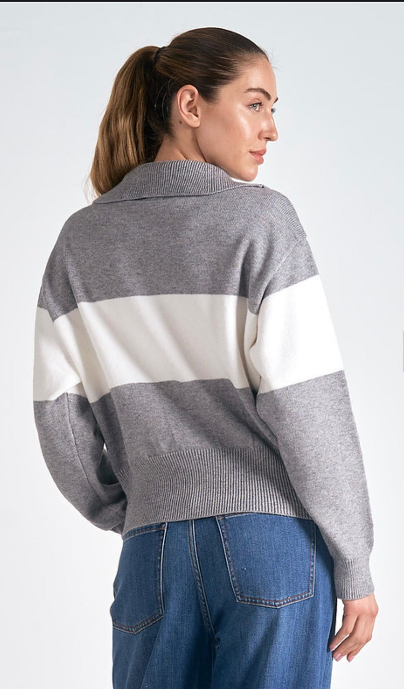 Elan Grey White Wide Stripe 1/4 Zip Long Sleeve Sweater