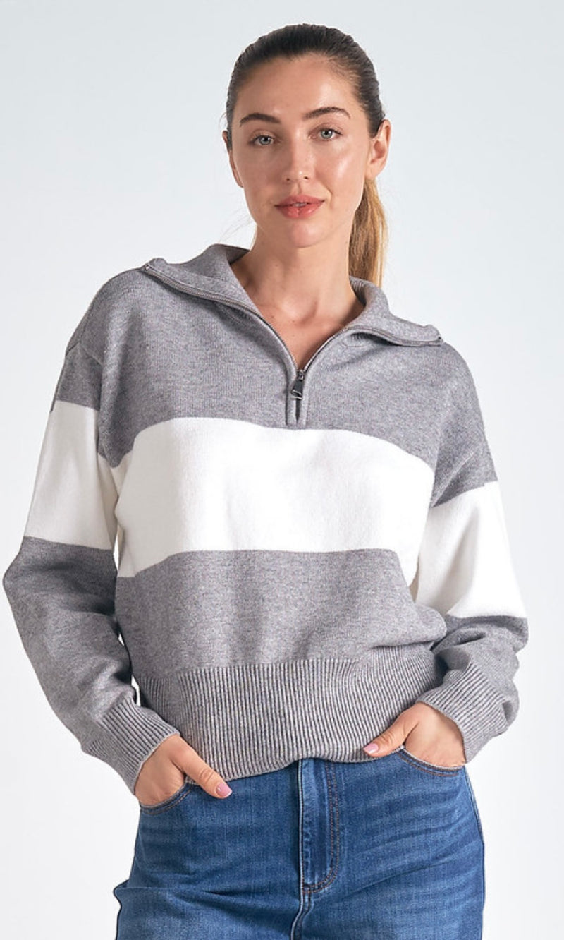 Elan Grey White Wide Stripe 1/4 Zip Long Sleeve Sweater