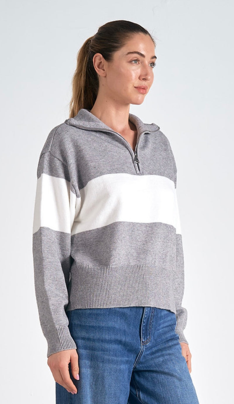 Elan Grey White Wide Stripe 1/4 Zip Long Sleeve Sweater