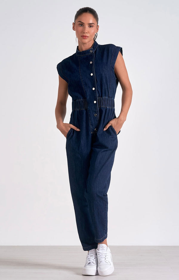 Elan Indigo Short Sleeve Snap Front Dark Denim Jumpsuit