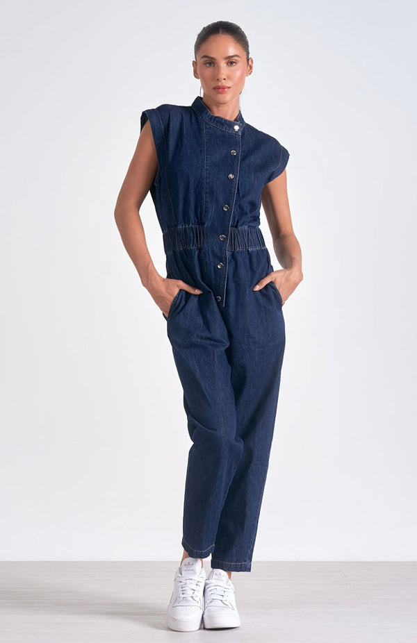 Elan Indigo Short Sleeve Snap Front Dark Denim Jumpsuit