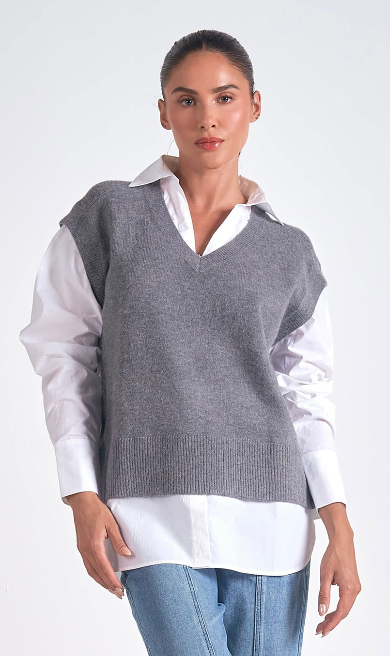 Elan Grey White Long Sleeve Multi Media Sweater Cotton Top