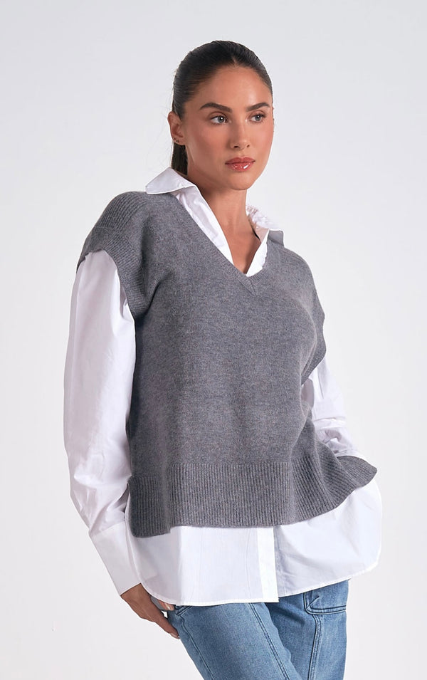 Elan Grey White Long Sleeve Multi Media Sweater Cotton Top