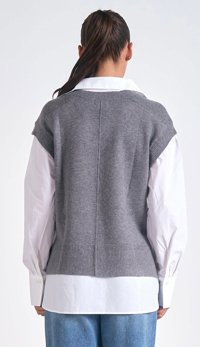 Elan Grey White Long Sleeve Multi Media Sweater Cotton Top