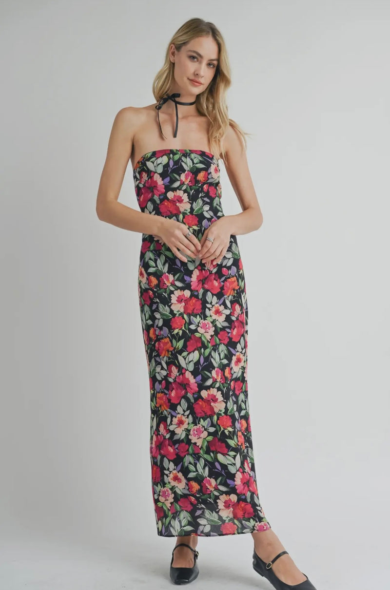 Sadie & Sage Black Multi Floral A Night In Tube Side Slit Midi Dress