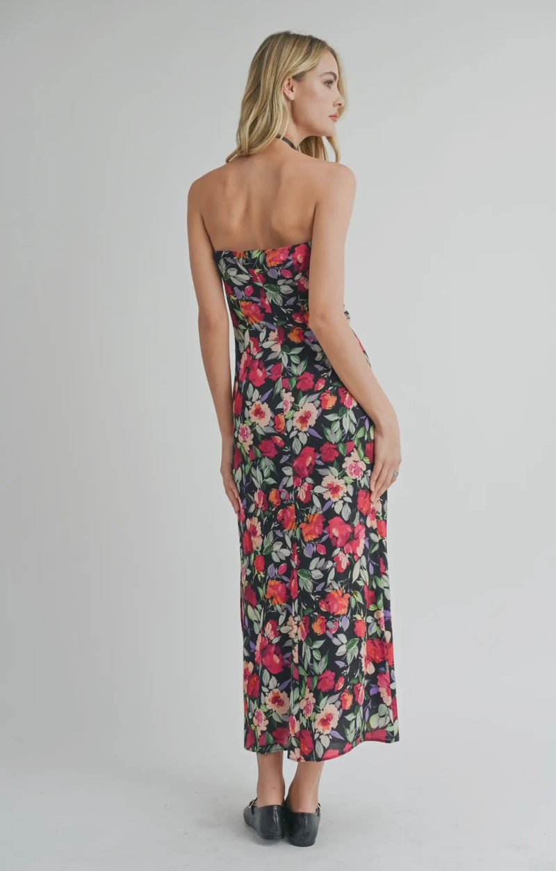 Sadie & Sage Black Multi Floral A Night In Tube Side Slit Midi Dress