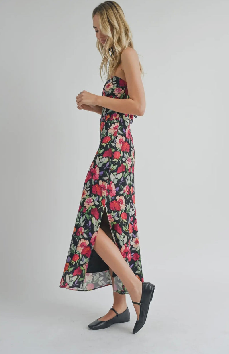 Sadie & Sage Black Multi Floral A Night In Tube Side Slit Midi Dress