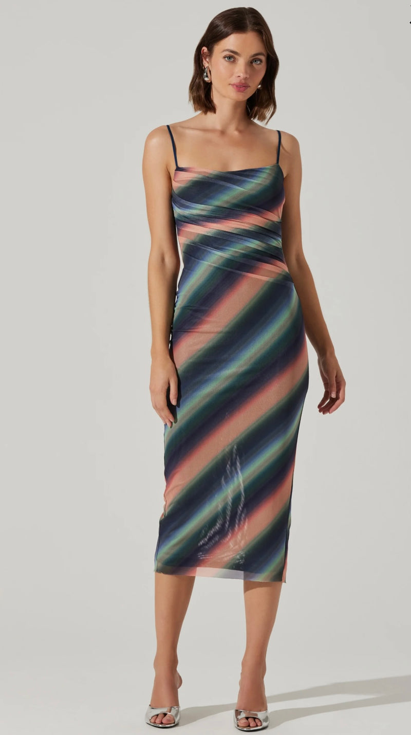 ASTR Green Blue Stripe Synne Mesh Midi Dress