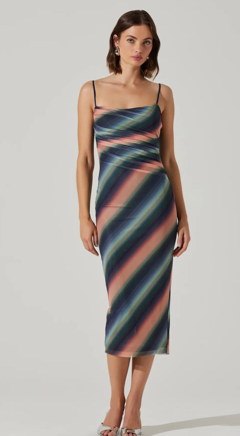 ASTR Green Blue Stripe Synne Mesh Midi Dress