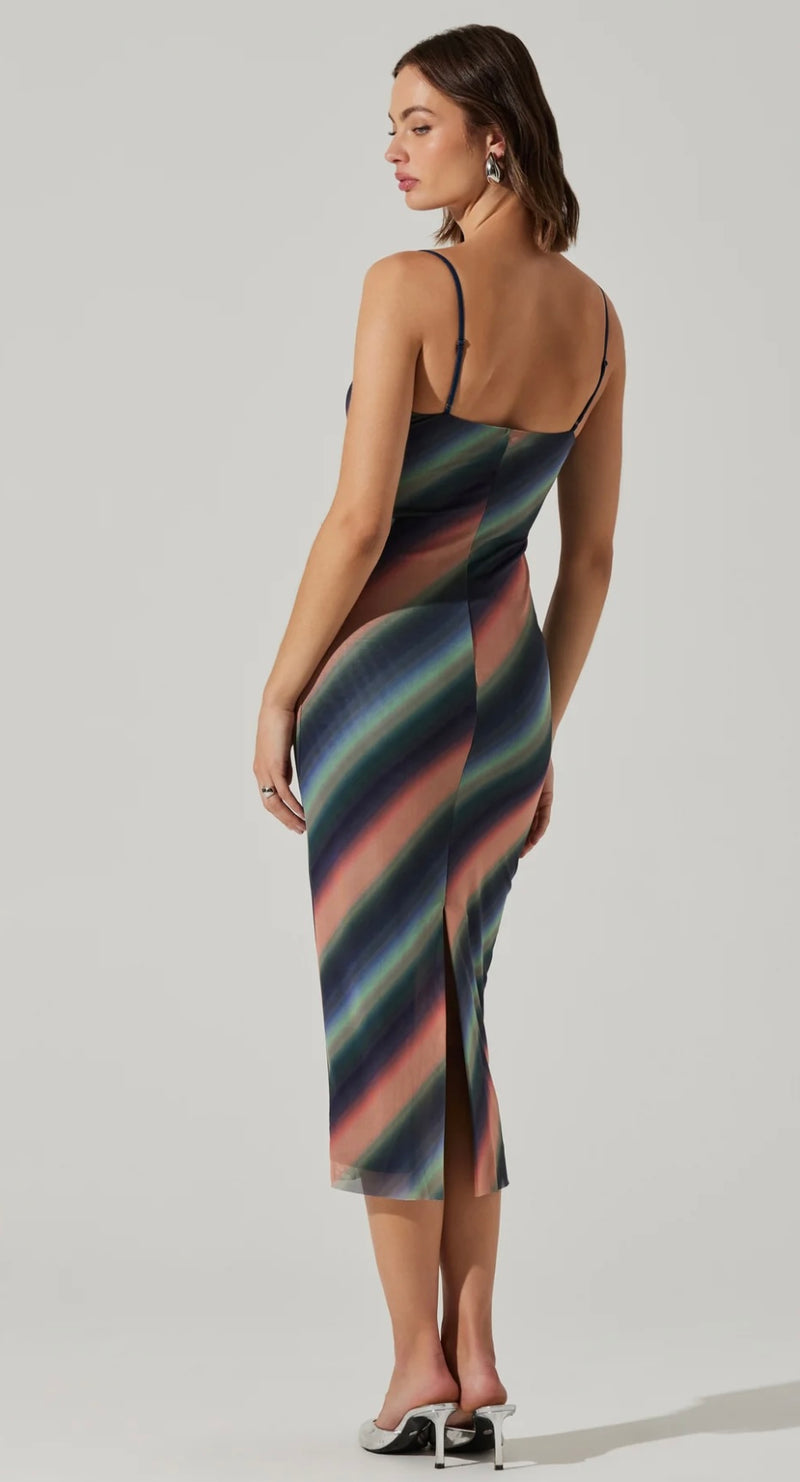 ASTR Green Blue Stripe Synne Mesh Midi Dress