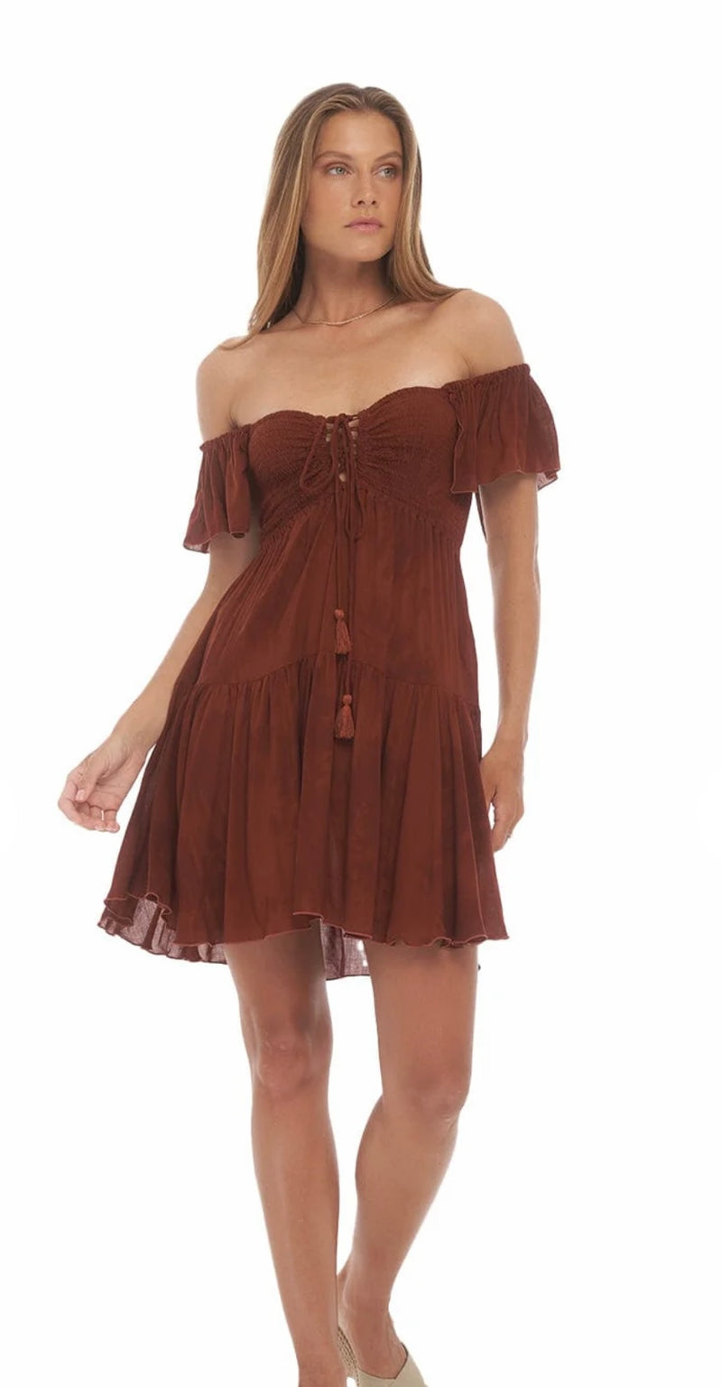 KHUSH Tie Dye Murky Syrah Cap Sleeve Smocked Cinched Bodice Lace Up Ruffle Hem Mini Dress