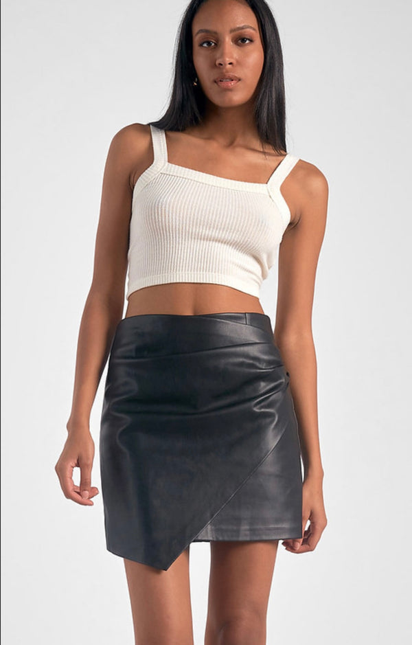 Elan Black Faux Leather Gathered at Hip Mini Skirt