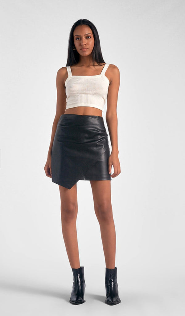 Elan Black Faux Leather Gathered at Hip Mini Skirt