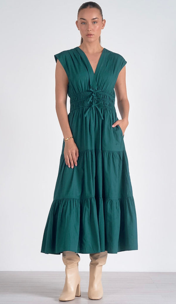 Elan Teal Tiered Skirt Short Sleeve Midi Dress