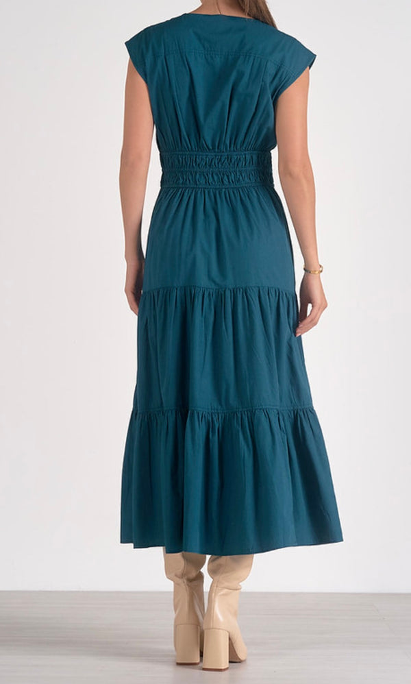 Elan Teal Tiered Skirt Short Sleeve Midi Dress