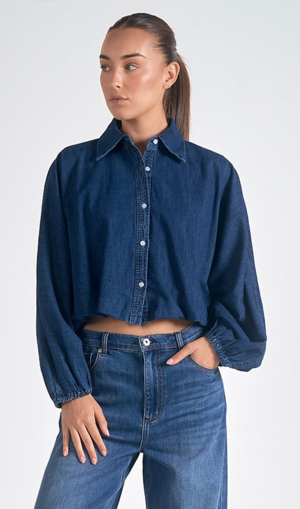 Elan Dark Indigo Blue Bat Wing Puff Sleeve Cropped Jacket Top