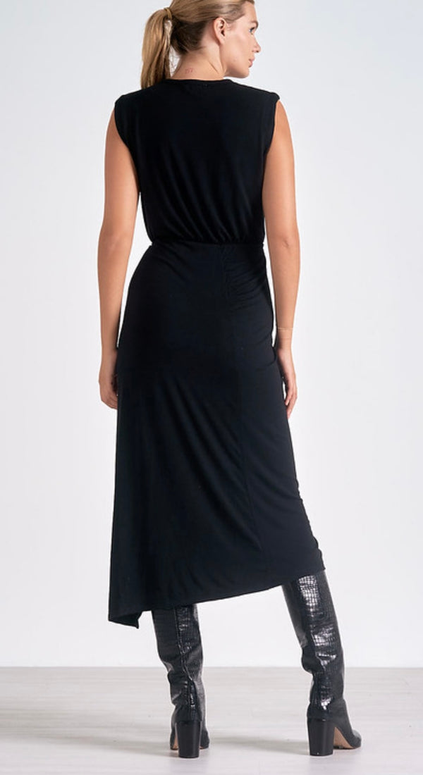 Elan Black Sleeveless Cinched Side Slit Midi Dress