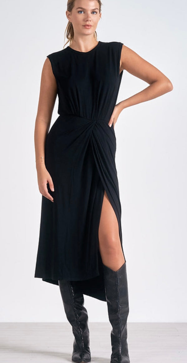 Elan Black Sleeveless Cinched Side Slit Midi Dress