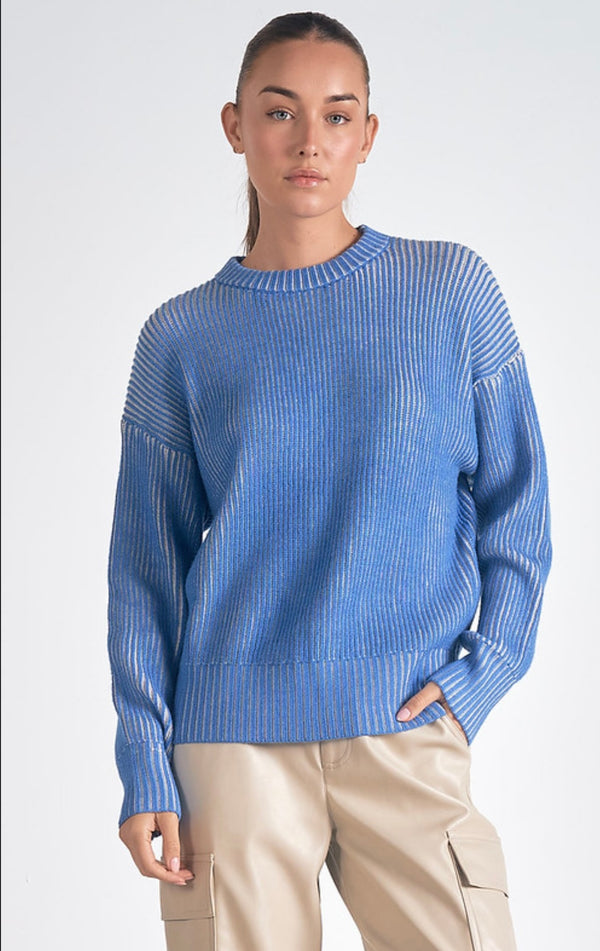 Elan Blue White Long Sleeve Crew Neck Sweater