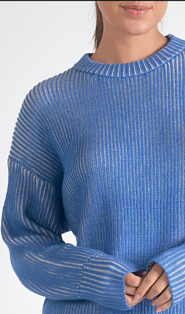 Elan Blue White Long Sleeve Crew Neck Sweater