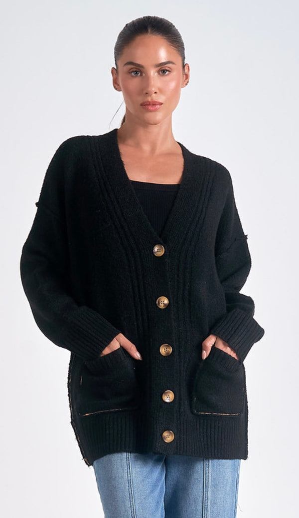 Elan Black Button Down Long Cardigan Sweater