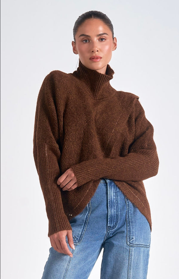 Elan Dark Tan Front Criss Cross Turtle Neck Sweater