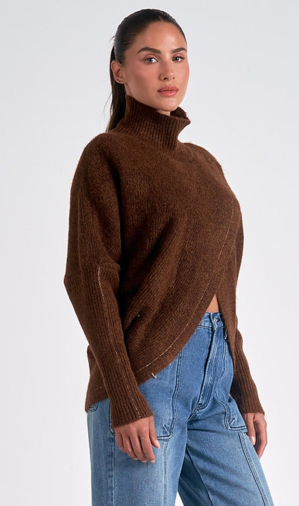 Elan Dark Tan Front Criss Cross Turtle Neck Sweater