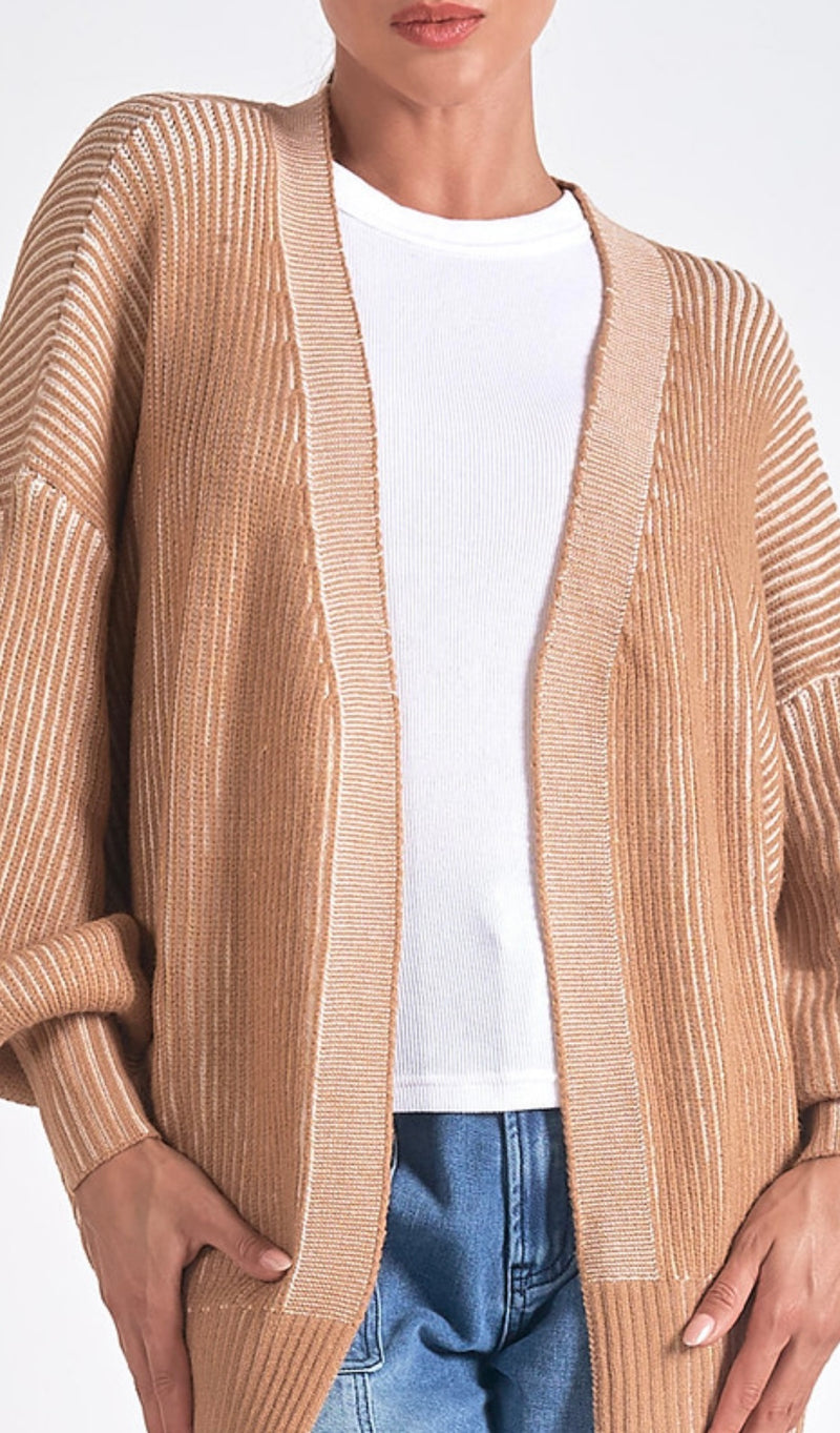 Elan Tan White Balloon Sleeve Open Cardigan Sweater L