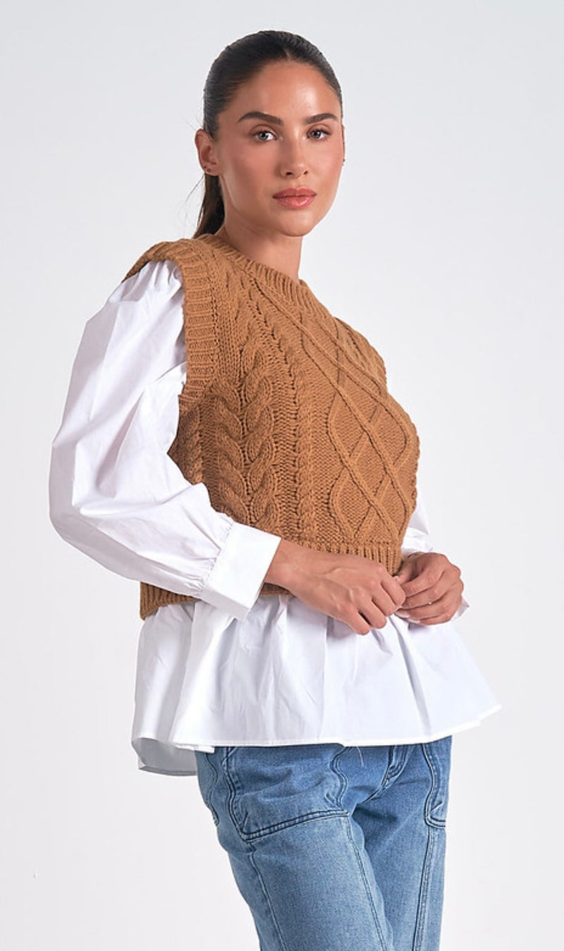 Elan Dark Tank Blouse With Sweater Vest Combination Top