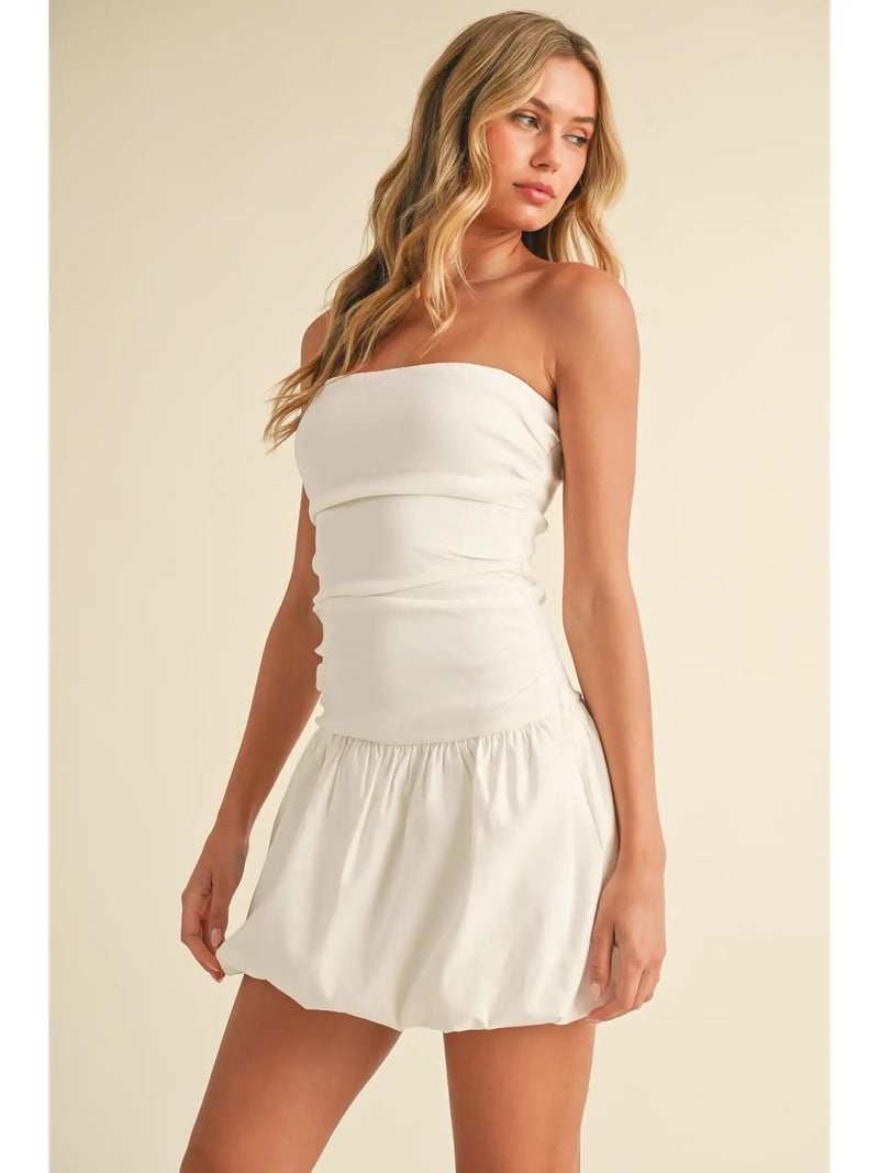 Klesis White Stretchy Strapless Ruched Drop Waist Balloon Mini Dress